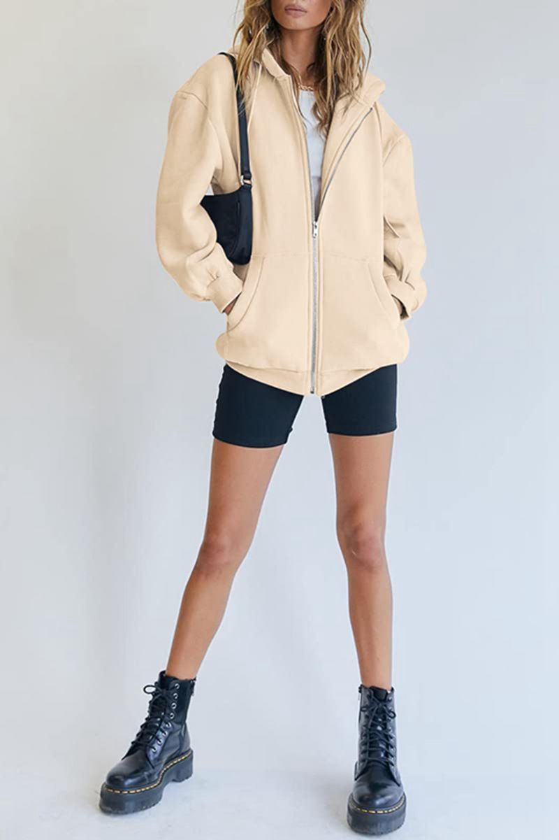 Women's Clothing Women's Cute Hooded Jacket With Drawstring - Oversized Zip-Up Sweatshirt For Teens & Girls - Cozy Fall Outerwear In Multiple Colors_voghion.com