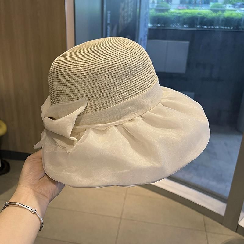 Cappello da sole estivo da donna in paglia con giunture, pieghevole, con protezione solare, protezione UV, con fiocco_voghion.com