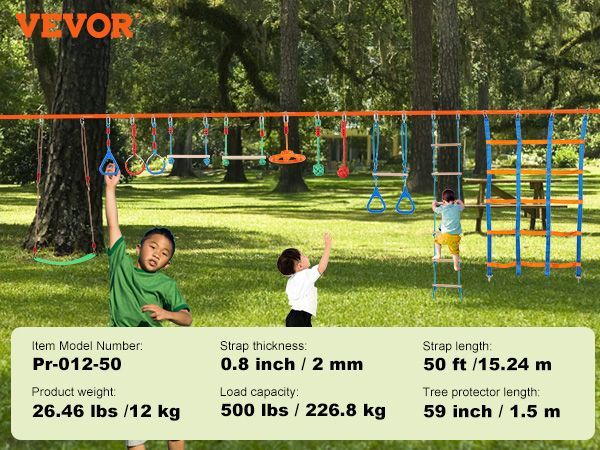VEVOR Ninja Warrior Obstacle Course For Kids, 2 X 50 Ft Weatherproof Slacklines, 500lbs Weight Capacity Monkey Line, Outdoor Playset Equipment, Backyard Toys Training Equipment Set With 12 Obstacles_voghion.com