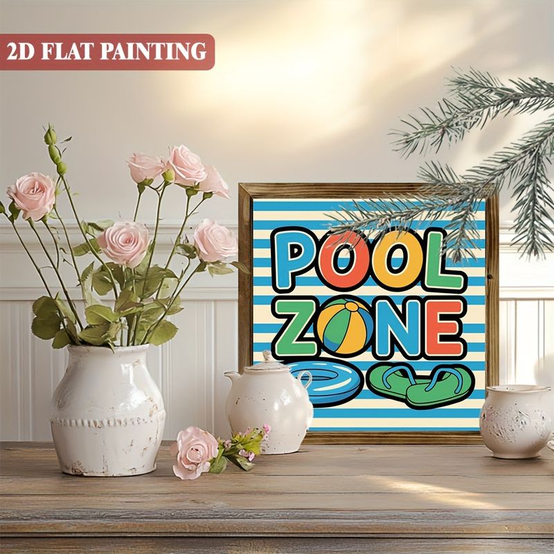 Rustikt træskilt med 'Pool Zone' - 20x20 cm livlig sommerdekoration med badetøj og klipklappere. Perfekt til verandaen, haven eller som sæsongave._voghion.com