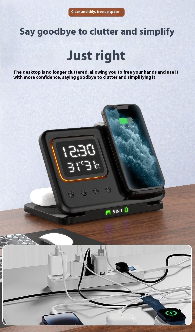 15W Drahtlose Ladegeräte Stehen 5 In1 LED Digital Wecker Schnelle Lade Dock Station_voghion.com