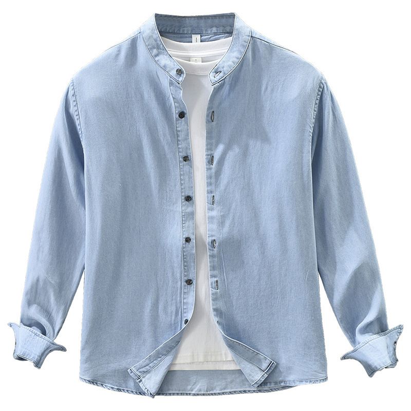 Camicia casual da uomo in denim retrò con colletto alto e maniche lunghe_voghion.com
