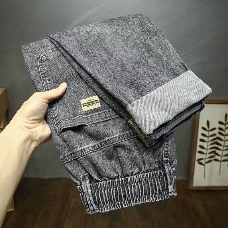 Korean version of trendy jeans men's high-end leggings with elastic waist and Harun drawstring for versatile slimming_voghion.com
