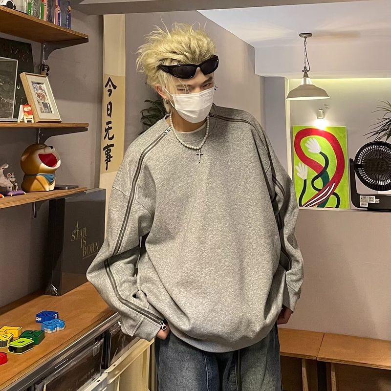 Double Zipper Gray Crewneck Sweatshirt For Men, Spring And Autumn Style, Niche Design, Hoodless Jacket, Loose Casual Top_voghion.com