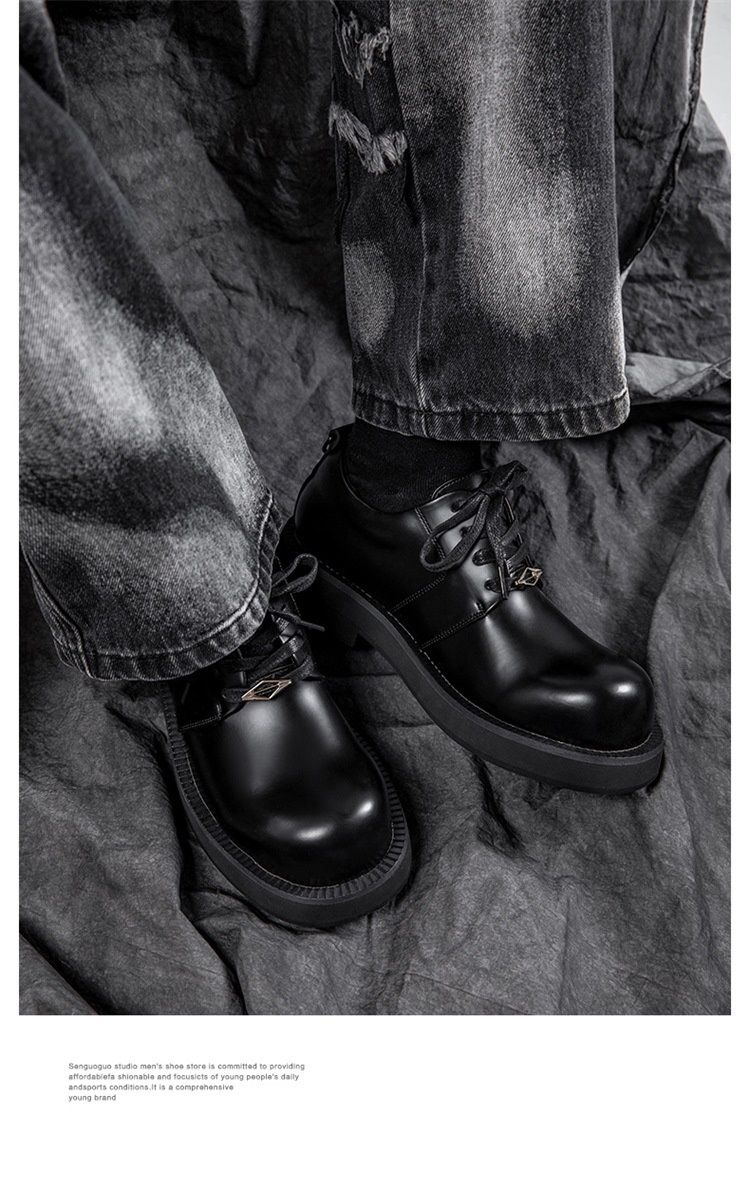 Voyage Niche Genuine Leather Chunky Derby For Men, British Style, Black Round Toe, Thick Sole, Height Increasing, Versatile_voghion.com