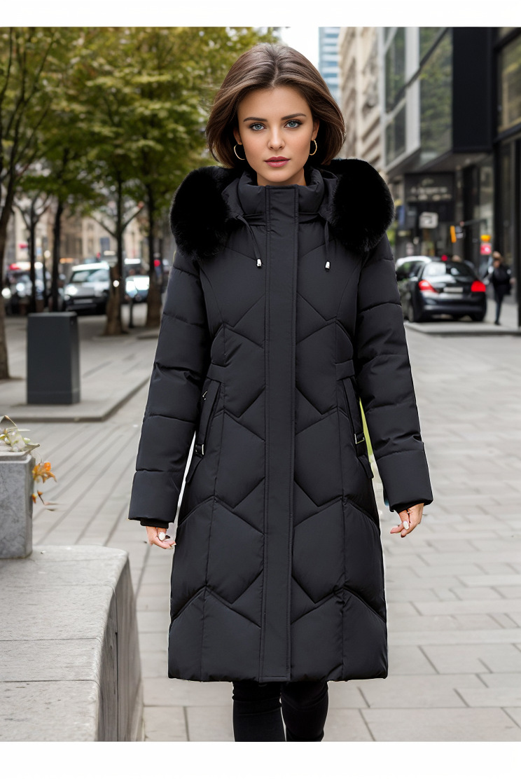 Warme Damenjacke im Winterstil ist lang und dick mit schwerem Haarband und Hutmantel_voghion.com