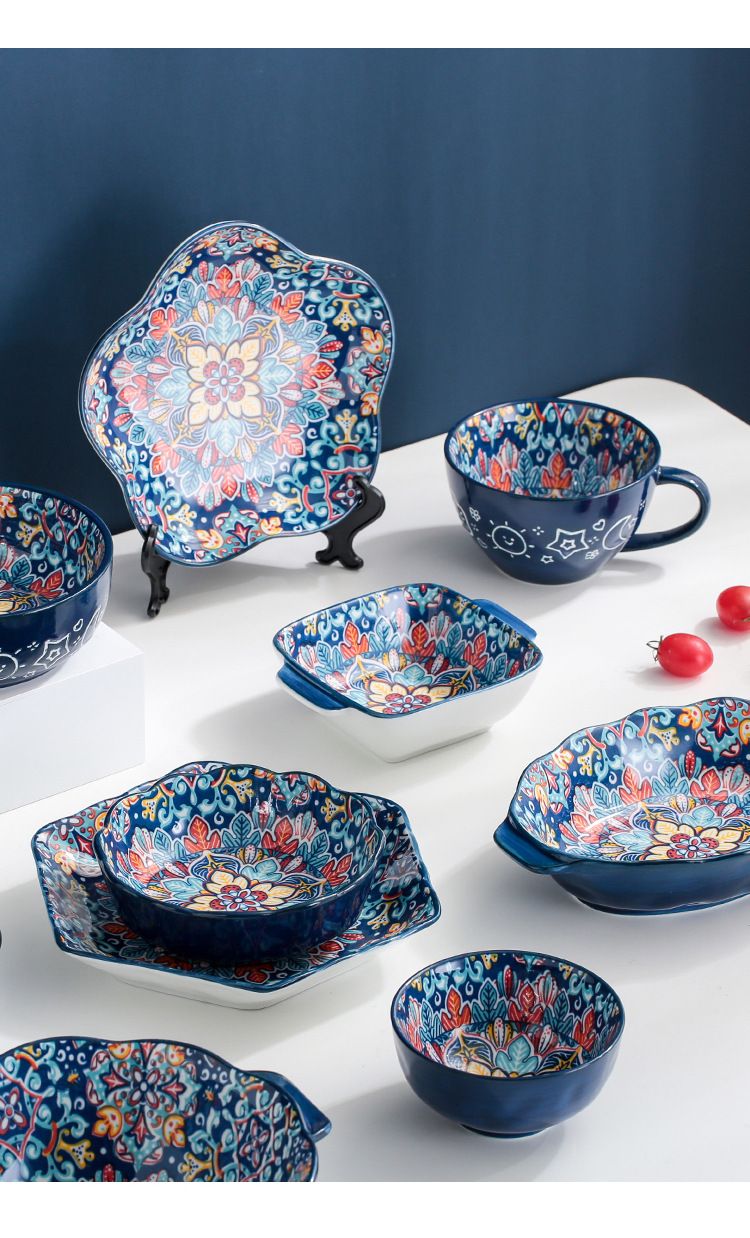 Baroque Style Ceramic Dinnerware Set - 16-Piece Handled Bowls & Plates For Rice & Soup_voghion.com