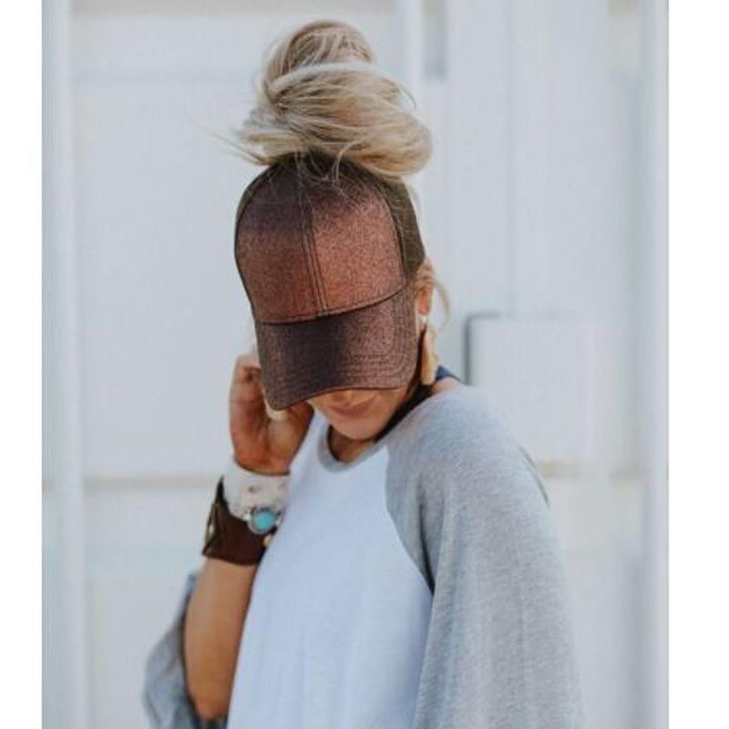 Ponytail Baseball for Women Shiny Glitter Sequins Woman Summer Cap Mesh Sunhat Pure Color High Messy Bun Hat_voghion.com