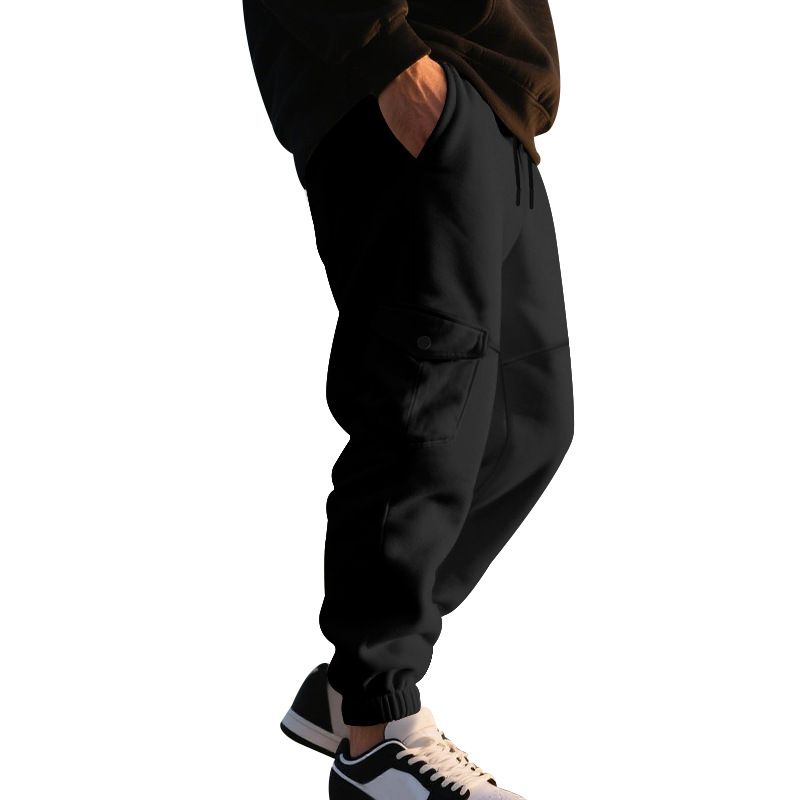 Autumn Winter Fleece Drawstring Men's Loose Casual Sports Multi-Pocket Cargo Pants_voghion.com