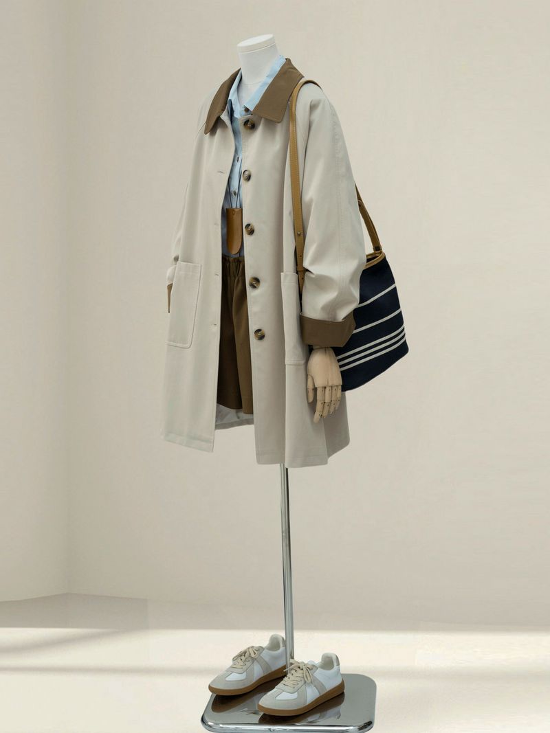 Trench color-block di alta qualità per donna, autunno 2025, nuovo stile coreano, cappotto elegante, semplice e di media lunghezza_voghion.com