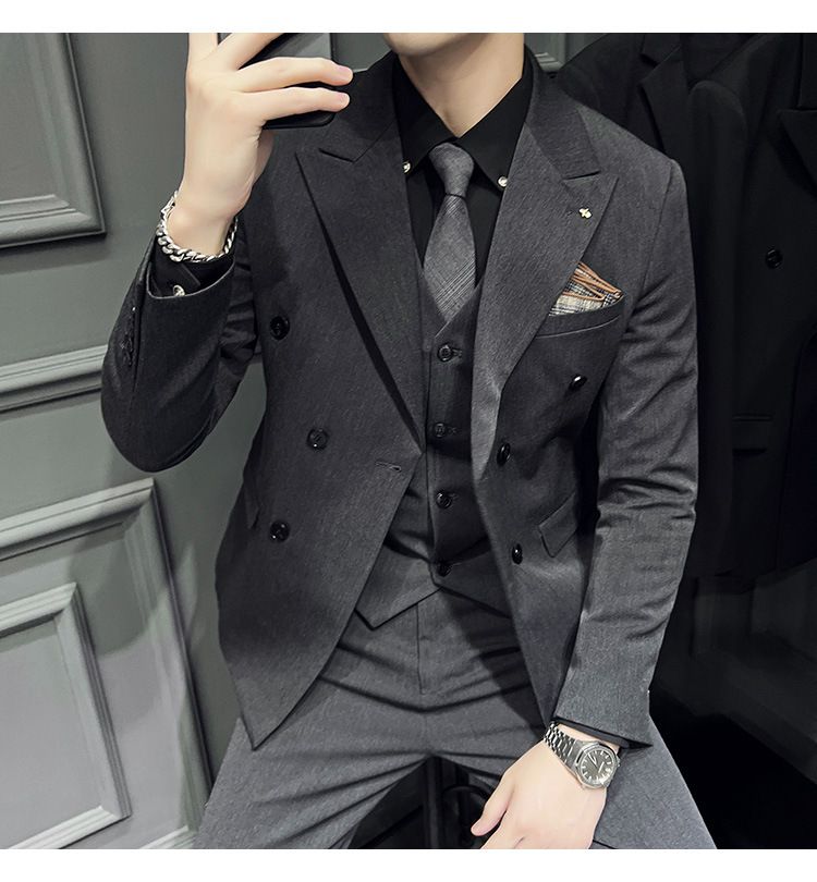 Heren zakelijke textuur gun collar, dubbelrijs slim fit pak driedelig, heren_voghion.com