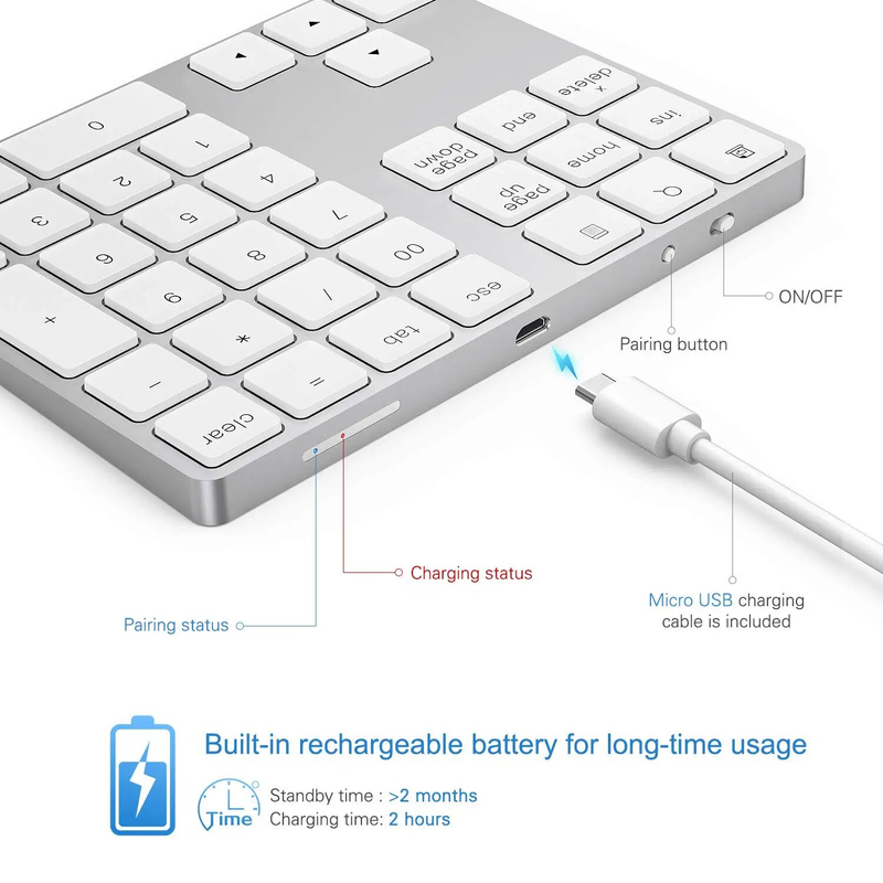 Awireless Rechargeable Aluminum 34-Key Number Keyboard Data Entry Compatible for Book,Book Air/Pro_voghion.com