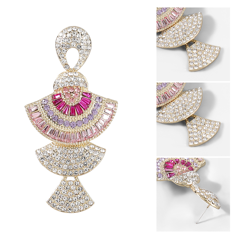 Yamaler 1 Pair Lady Shiny Rhinestone Inlaid Colorful Fan-shaped Long Dangle Earrings for Banquet_voghion.com