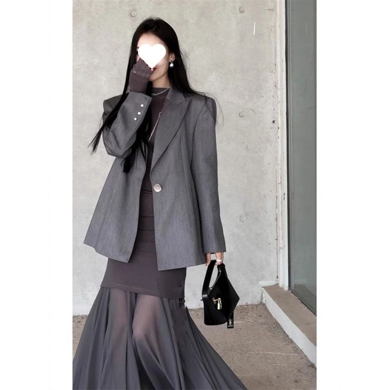 25 Spring New French Style Elegant Light High-End Simple Commuting Gray Blazer Dress Set For Women_voghion.com