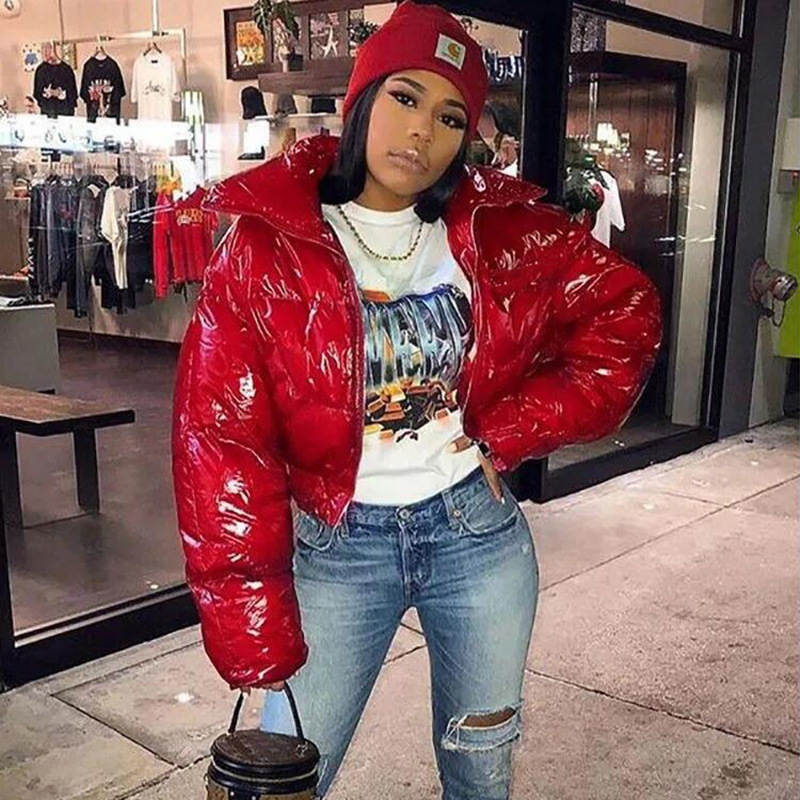 Femei de iarnă cald puffer jachete la modă parka stand guler fermoar față crop palton mânecă lungă ușoară cu bule_voghion.com
