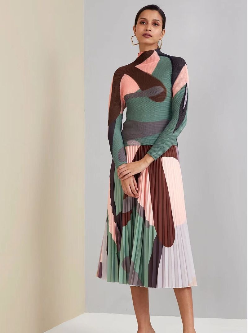 Ensemble deux pièces plissé pour femme, haut plissé en maïs, taille haute, jupe ample imprimée plissée_voghion.com
