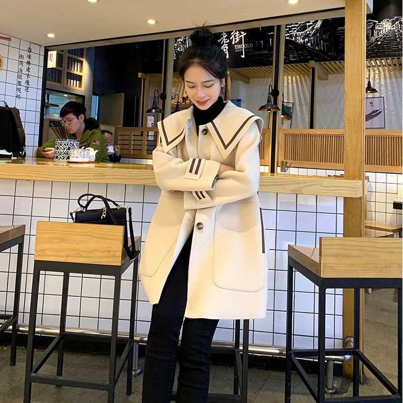Navy Collar Coat Mid-Length Women 2024 New Korean Version College Style Petite Single-Breasted A-Line Woolen Jacket_voghion.com