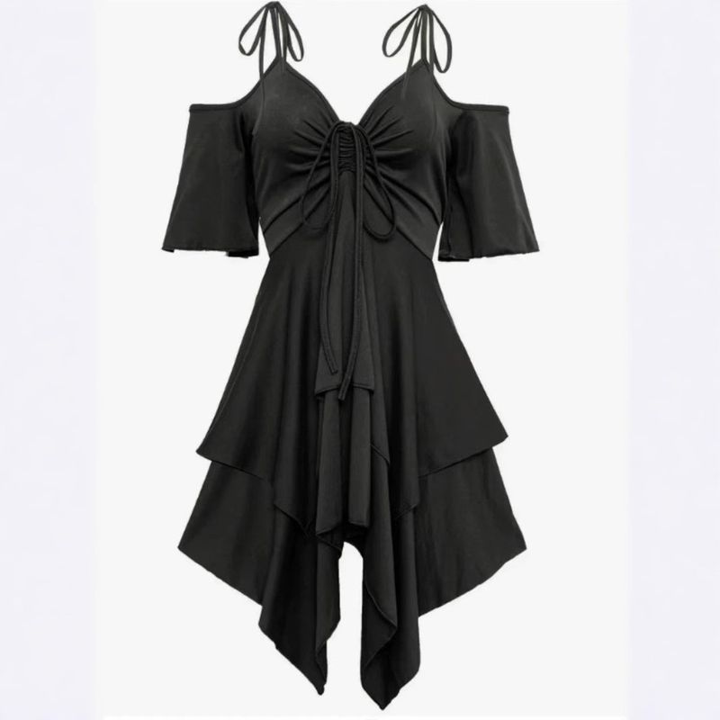 Nuovo vestito casual da donna di grandi dimensioni, stile hipster, con scollo a V, spalle scoperte, maniche corte, gonna con lacci di grandi dimensioni_voghion.com