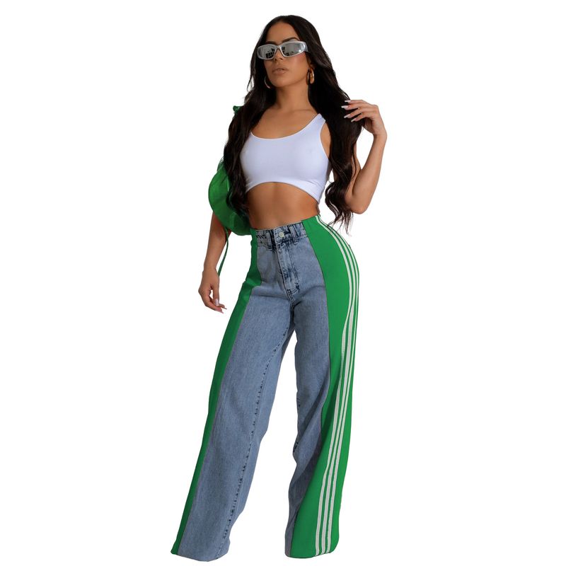 Ropa de mujer Pantalones vaqueros de pierna ancha con tres rayas y empalme de moda de verano Pantalones rectos elásticos de cintura alta informales nuevos para mujer_voghion.com