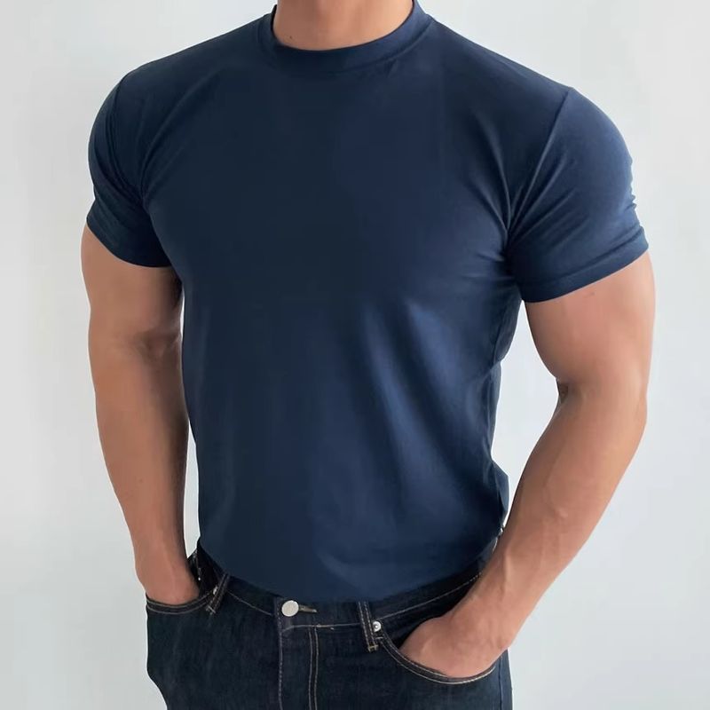 Herrenbekleidung Sommer-T-Shirt mit kleinem Ausschnitt Slim Fit Kurzarm Muskelanzug_voghion.com