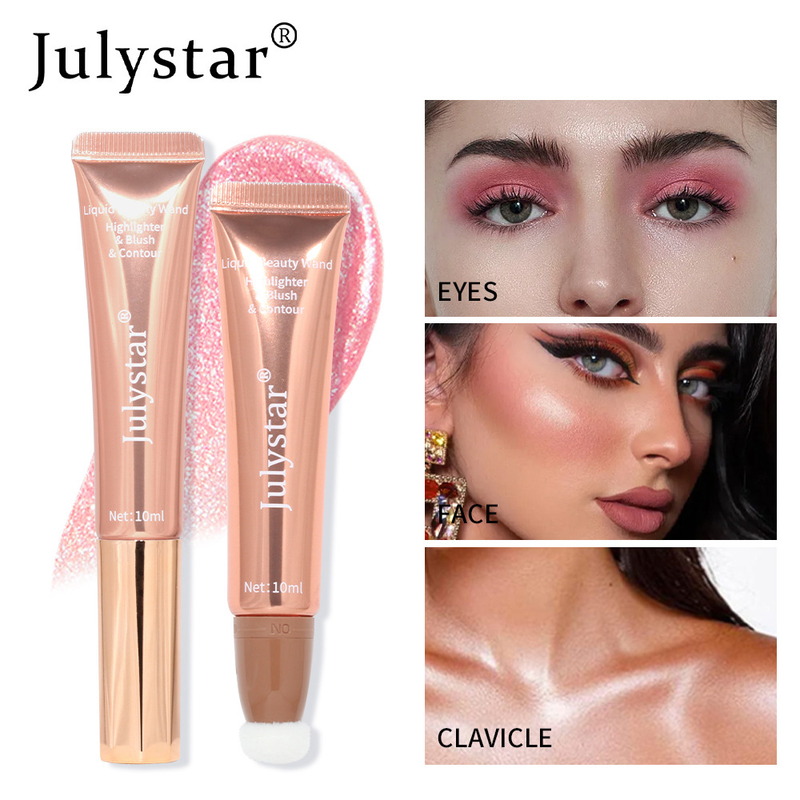 Lápiz iluminador y rubor líquido Julystar: barra de belleza de doble punta con brillo perlado y mate para un brillo natural y contorno 3D._voghion.com