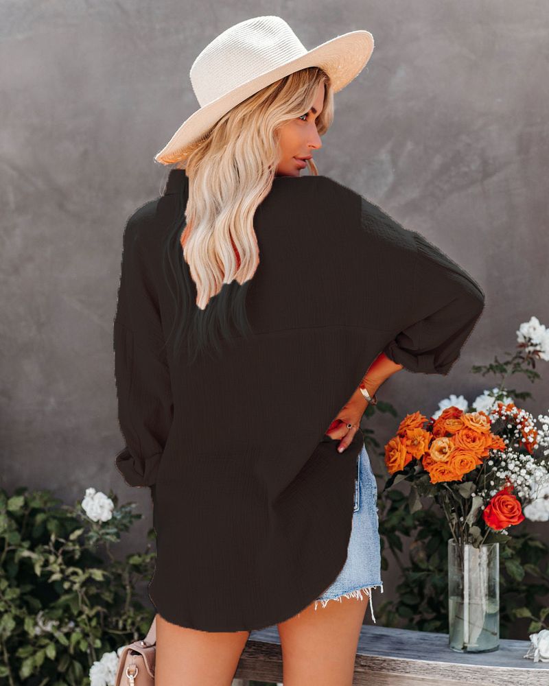 Abbigliamento donna moda bavero tasca caramella colore camicia top_voghion.com