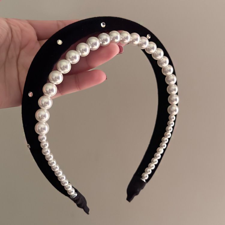 Dvigubo sluoksnio perlų galvos juosta moterims - plati plaukų karūnėlė su cirkoniais (aukšta karūnėlė, elegantiški plaukų aksesuarai)_voghion.com