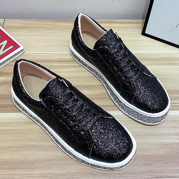 Platform Fashion Sneakers Glitter Sequin Lace Up Chunky Bottom Slip On Flats Walking Shoes_voghion.com