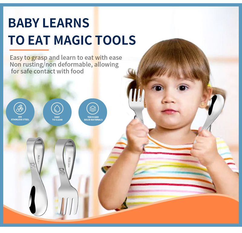 Mother & Kids 304 Stainless Steel Portable Children's Tableware Set Toddler Spoon And Fork With Storage Box Curved Handle Baby Training Spoon_voghion.com