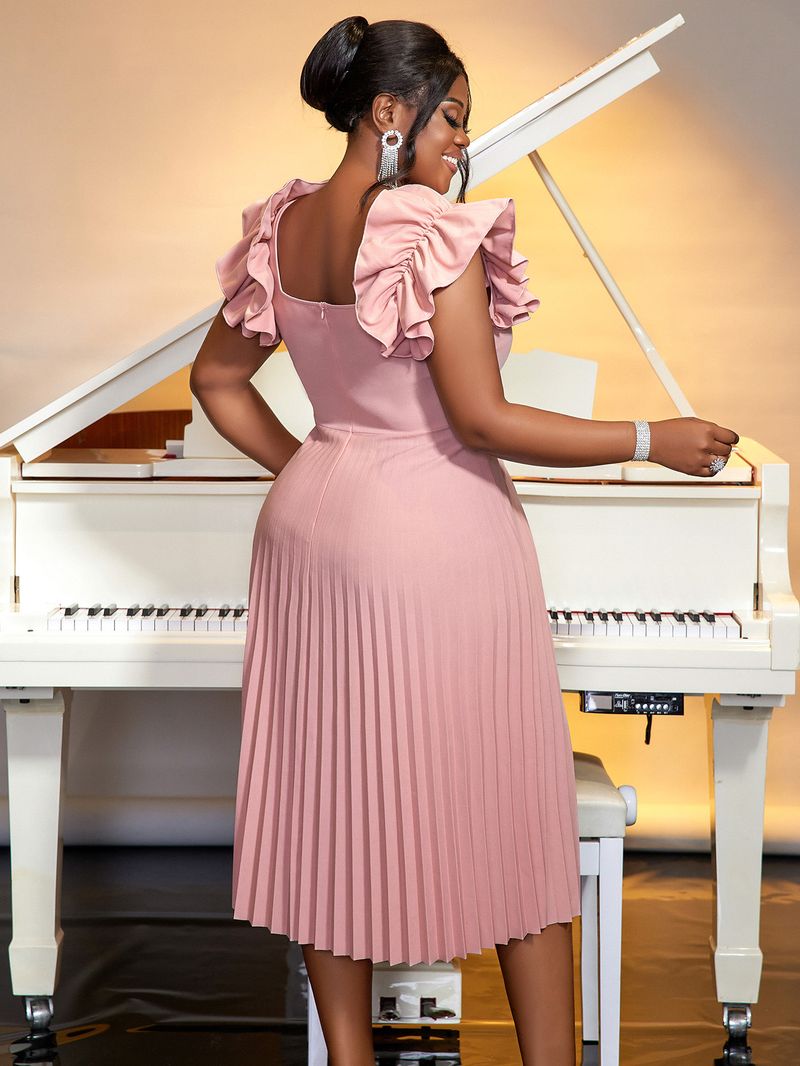 Women's Clothing Elegant Square Neck Sleeveless Pleated Midi Dress - Flattering High Waist Design In Soft Pink, Perfect For Casual & Office Wear_voghion.com