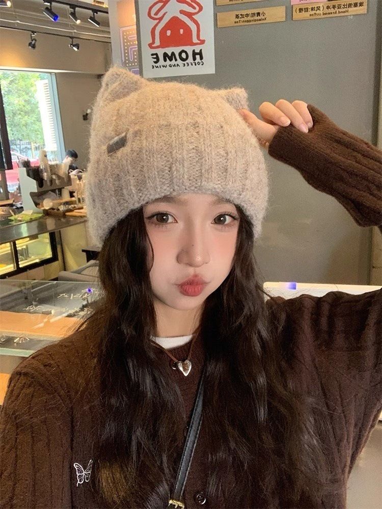 Cat Ear Knitted For Women, Autumn And Winter New Japanese Style Warm Cute Knit Hat, Korean Version Thickened Versatile_voghion.com