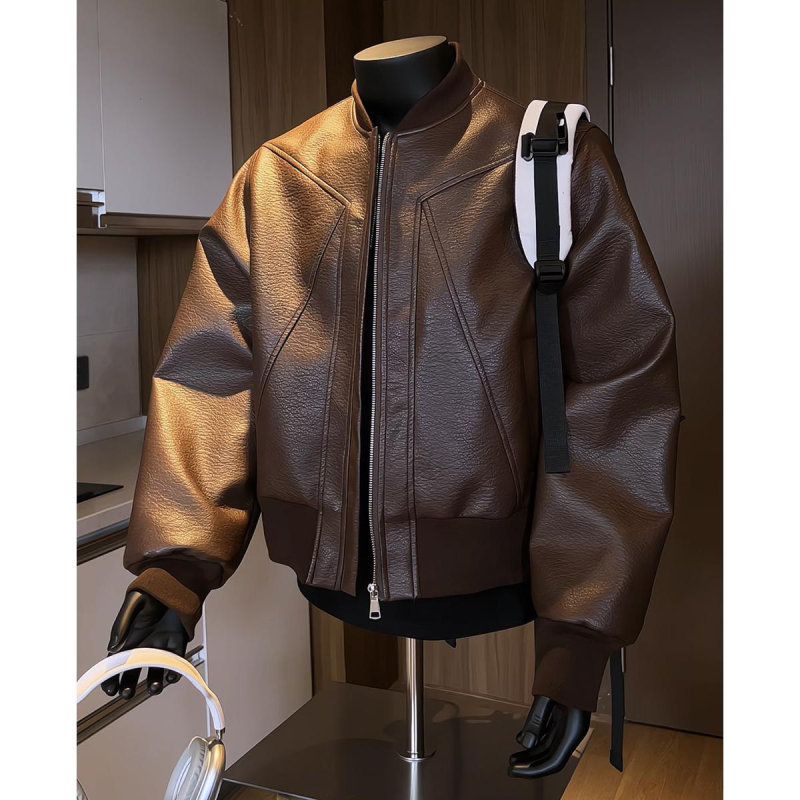 Men’s Vintage Cracked PU Leather Jacket – Retro Biker Style With Ribbed Hem Windproof & Abrasion-Resistant, Short-Length Design_voghion.com