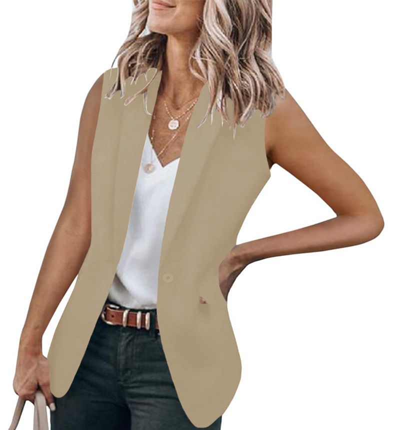 Ärmelloser Blazer für Damen, Sommer, neue lockere Passform, lässige Bürokleidung, einfarbig, gekerbtes Revers, offene Vorderseite, Strickjacke_voghion.com
