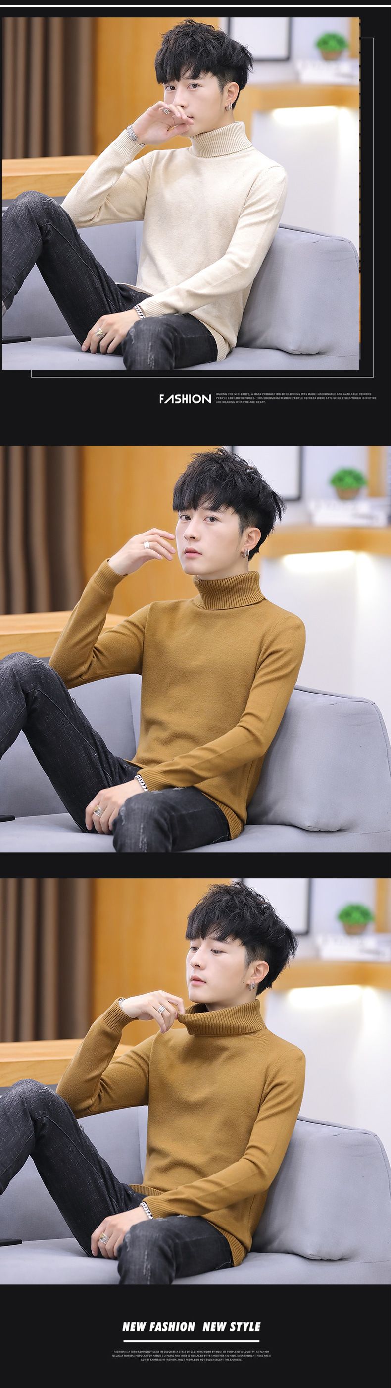 Maglione pullover autunno e inverno a maniche lunghe a collo alto in tinta unita da uomo, maglieria individuale da uomo slim fit_voghion.com