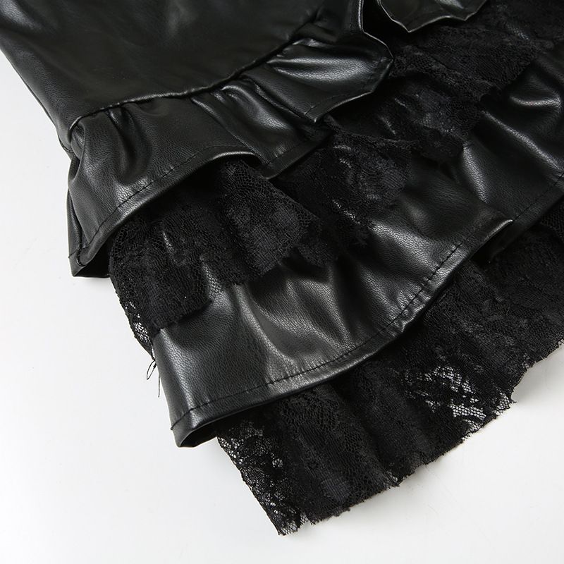 Y2K Spicy Girl Punk Style Lace Splicing Leather Cake Street Design Sense Short Half Length Skirt_voghion.com