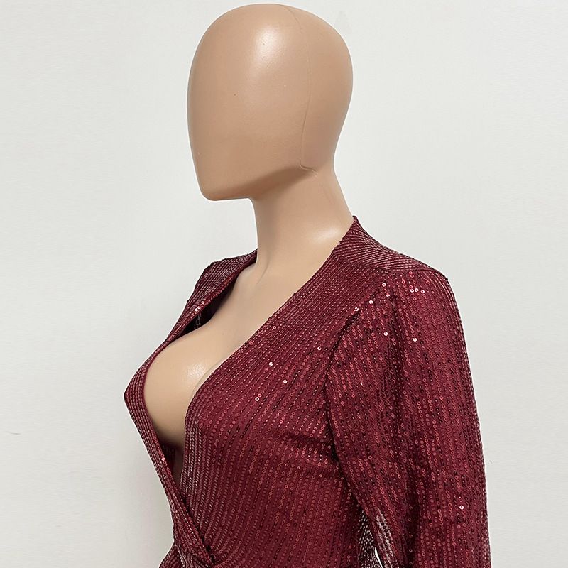 Damkläder Ins Style Deep V Mode Casual Jumpsuit Långärmat Bälte Paljett Jumpsuit Dam_voghion.com