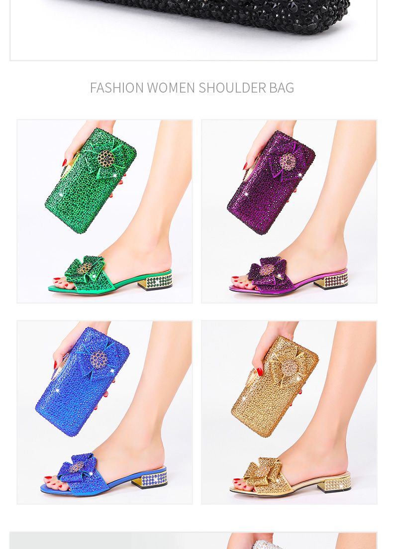 Damenschuhe: Damen-Slipper mit flacher Sohle und Rautenmuster, Clutch mit Strasssteinen, heiße Tasche mit Strasssteinen, Set aus Schuhen und Tasche mit flachem Absatz in großen Größen_voghion.com
