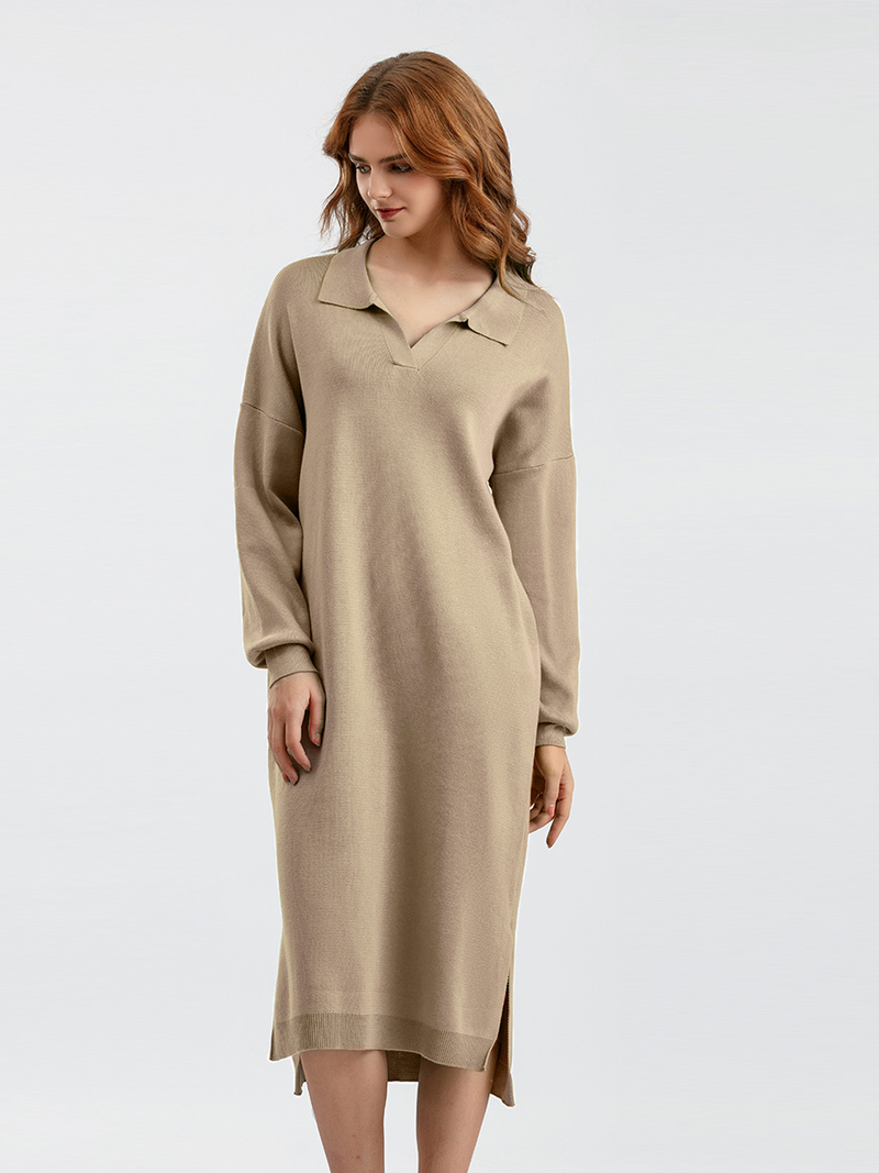 Women's Clothing autumn and winter new Polo collar bottoming knitted dress loose large size solid color ladies dress_voghion.com