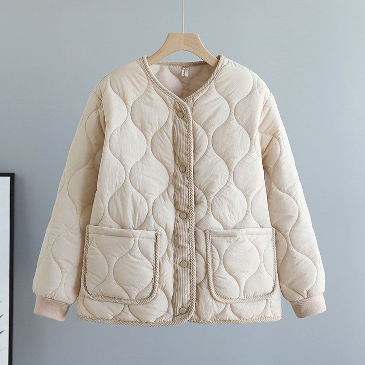 Corduroy Patchwork Quilted Jacket Winter Women Clothing Parkas Warm Cotton-padded Jacket Lightweight Coat Single-breasted Tops_voghion.com