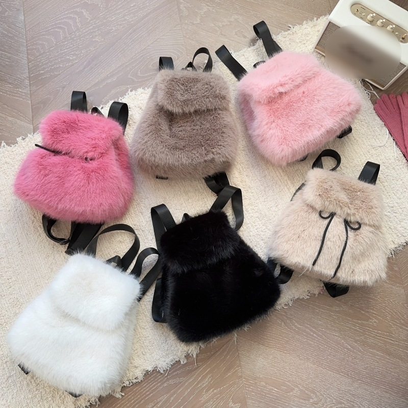 New Plush Backpack Rabbit Fur Fur Backpack Student Girl Large Capacity Drawstring Leopard Pattern Solid Color Versatile Bag_voghion.com