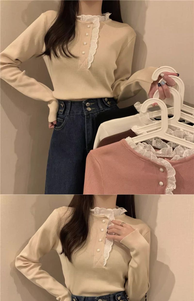 Dolce maglione in stile western con design unico, maglia a maniche lunghe con base in albicocca e pizzo con orecchie di legno, autunno e inverno_voghion.com