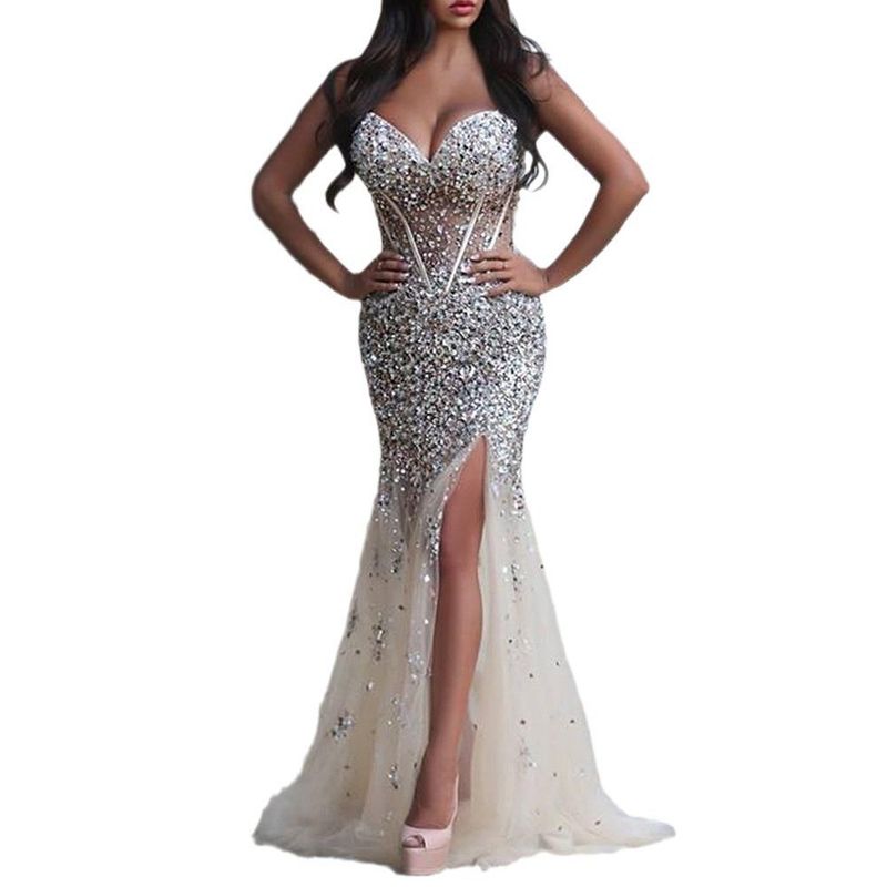 Abiti da ballo di lusso in cristallo 2025, sexy, con scollo a cuore, perline e paillettes, spacco, abito da sera, fatto a mano, da sposa._voghion.com