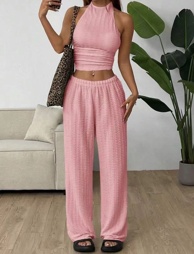 Women's Clothing 2025 Summer Strapless Backless Sexy Top Elastic Waist Comfortable Long Pants Set_voghion.com