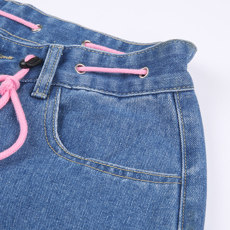 Damenbekleidung Ghost Girl Kontrastfarbe Liebesdruck Lockere Jeans Wischhose mit weitem Bein_voghion.com