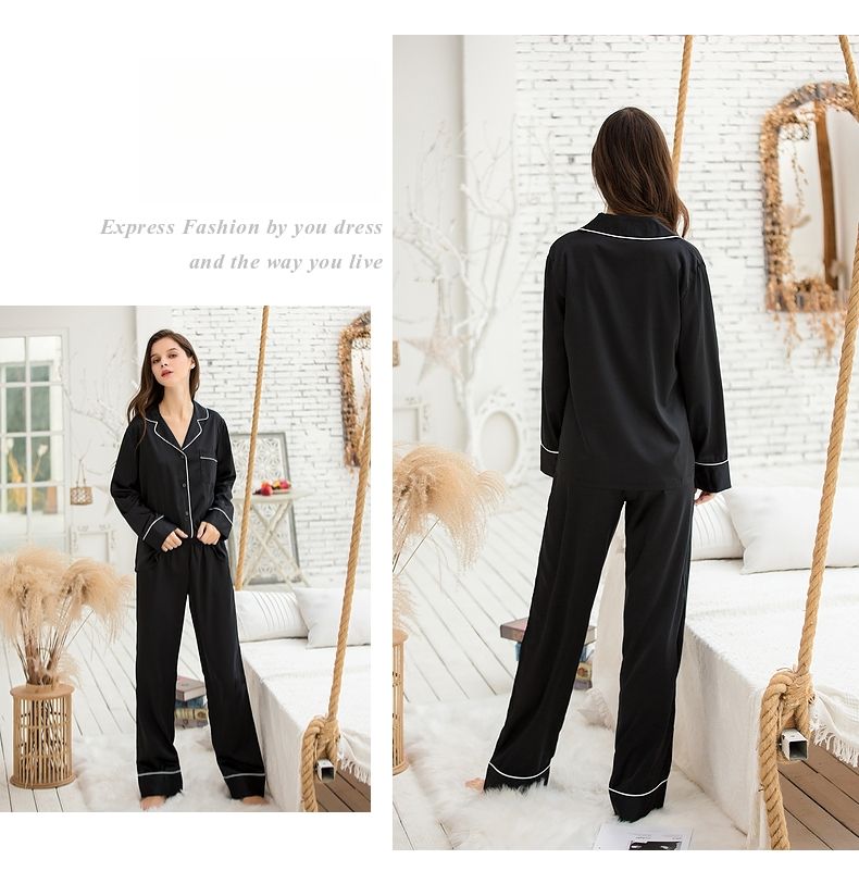Thin Ice Silk Pajamas For Women, Spring And Autumn Style, Plus Size, Black Long Sleeve, Sexy Casual Two-Piece_voghion.com