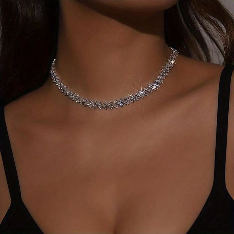 Women's Jewelry Elegant Choker Necklace With Crystal Rhinestones For Bridal Party Evening Wear, Layered Design In Silver & Gold Tone_voghion.com