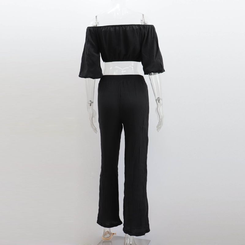 Damen-Knitterstoff aus reiner Baumwolle, einfarbig, kurzärmliges Oberteil mit Kragen, Hose mit hoher Taille und weitem Bein, lässiger Anzug_voghion.com