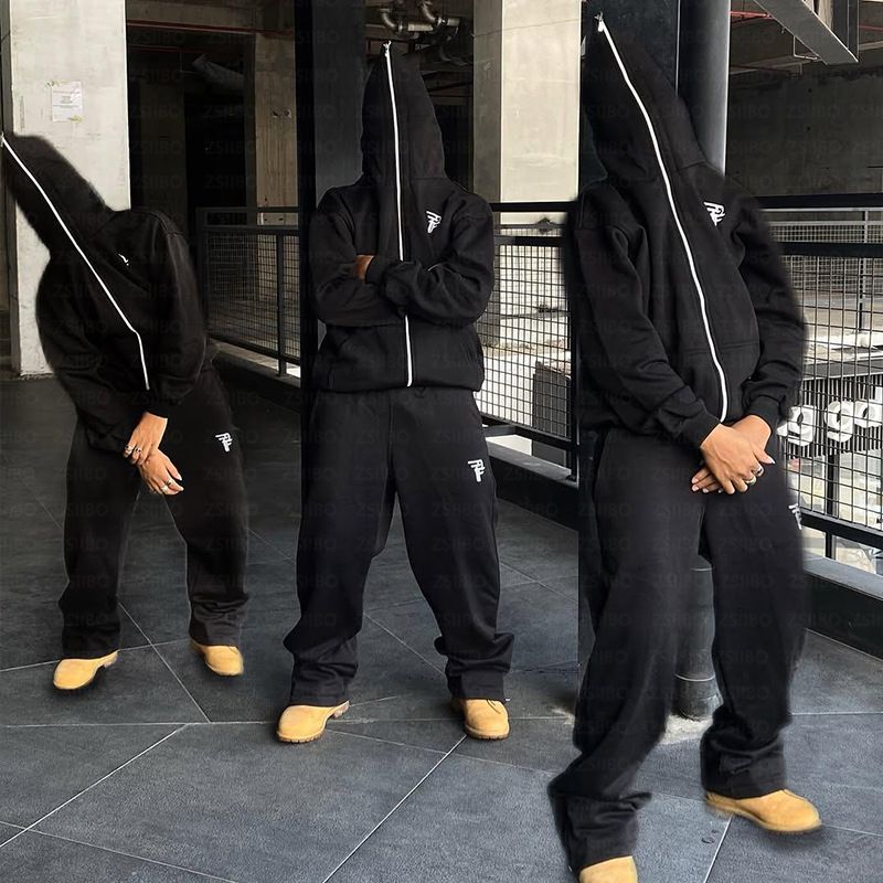 Felpa con cappuccio unisex retrò con zip e stampa di lettere - Giacca casual streetwear per uomo e donna (nero, S/M/L/XL)_voghion.com