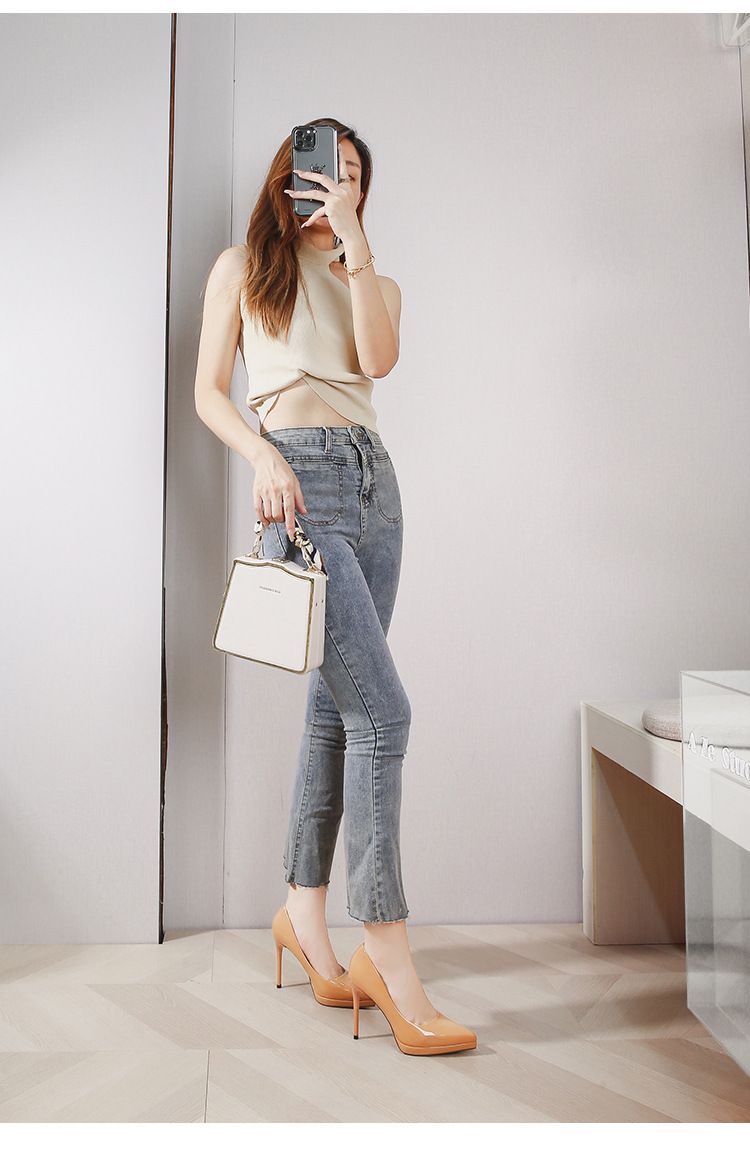 968-10 Tacco sottile ultra alto, plateau impermeabile, fibbia quadrata, cinturino posteriore cavo in vernice, da donna, singole_voghion.com