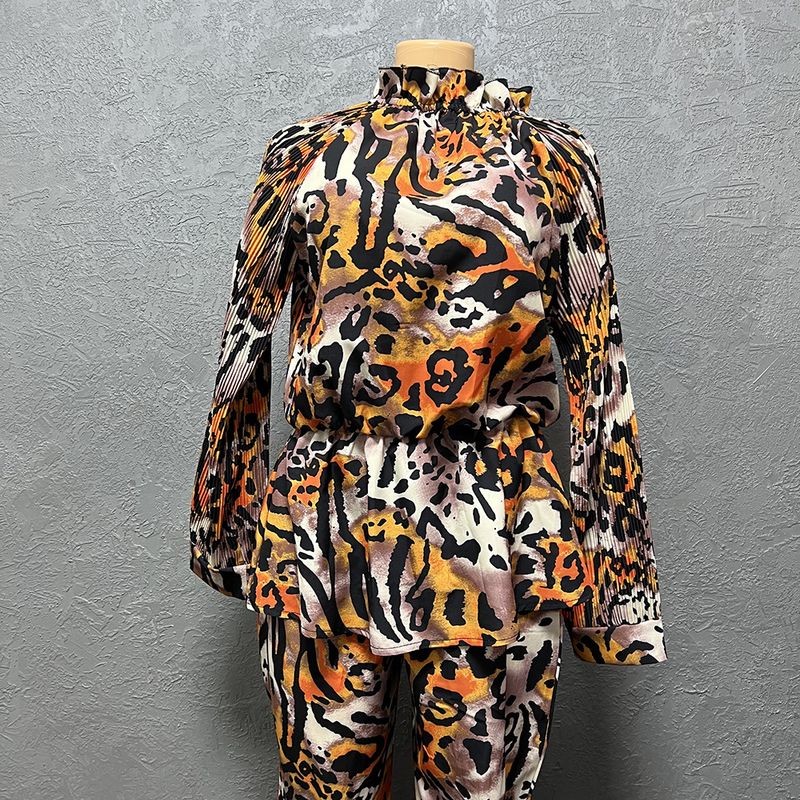 Women's Clothing digital printing lantern long sleeved pleated waist comfortable top with trousers set clearance_voghion.com